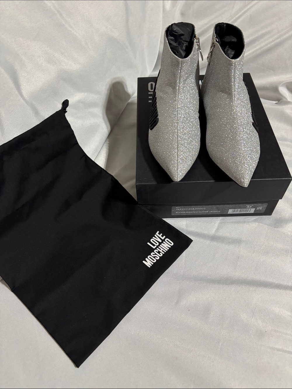 Love Moschino Silver Glitter Pointed Ankle Booties with Side Zip Detail
